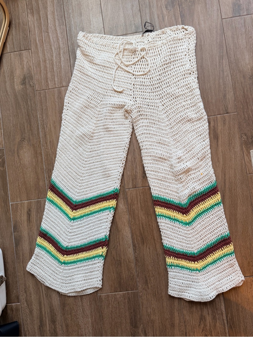 Zara Cream Crochet Pants with Multicolor Chevron Bands